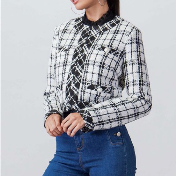 Tweed black and white blazer button down jacket - Picture 3 of 6